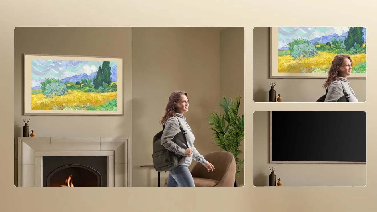 A woman stands in a living room, admiring a painting that interacts with her presence, showcasing innovative art technology.