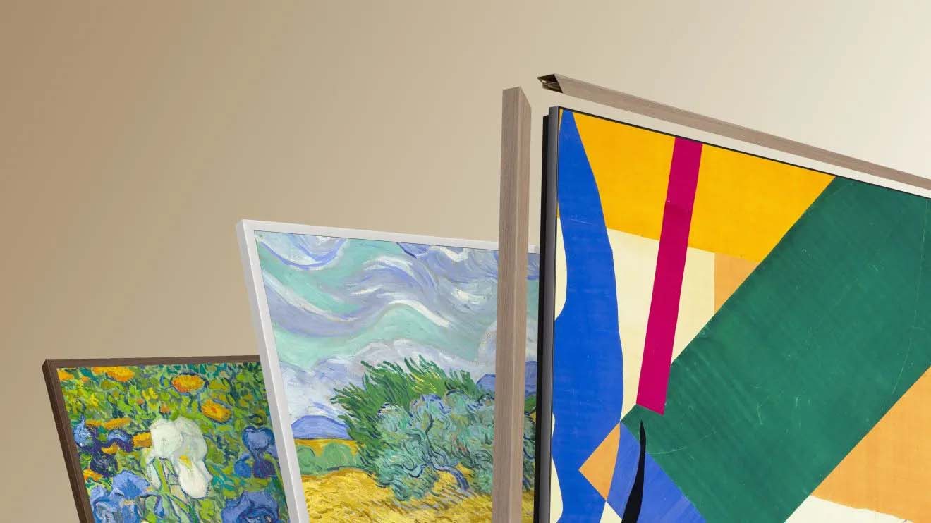 A painting in a magnetic frame on a wall, showcasing the customizable StyleSwap Frames for personalizing art displays.