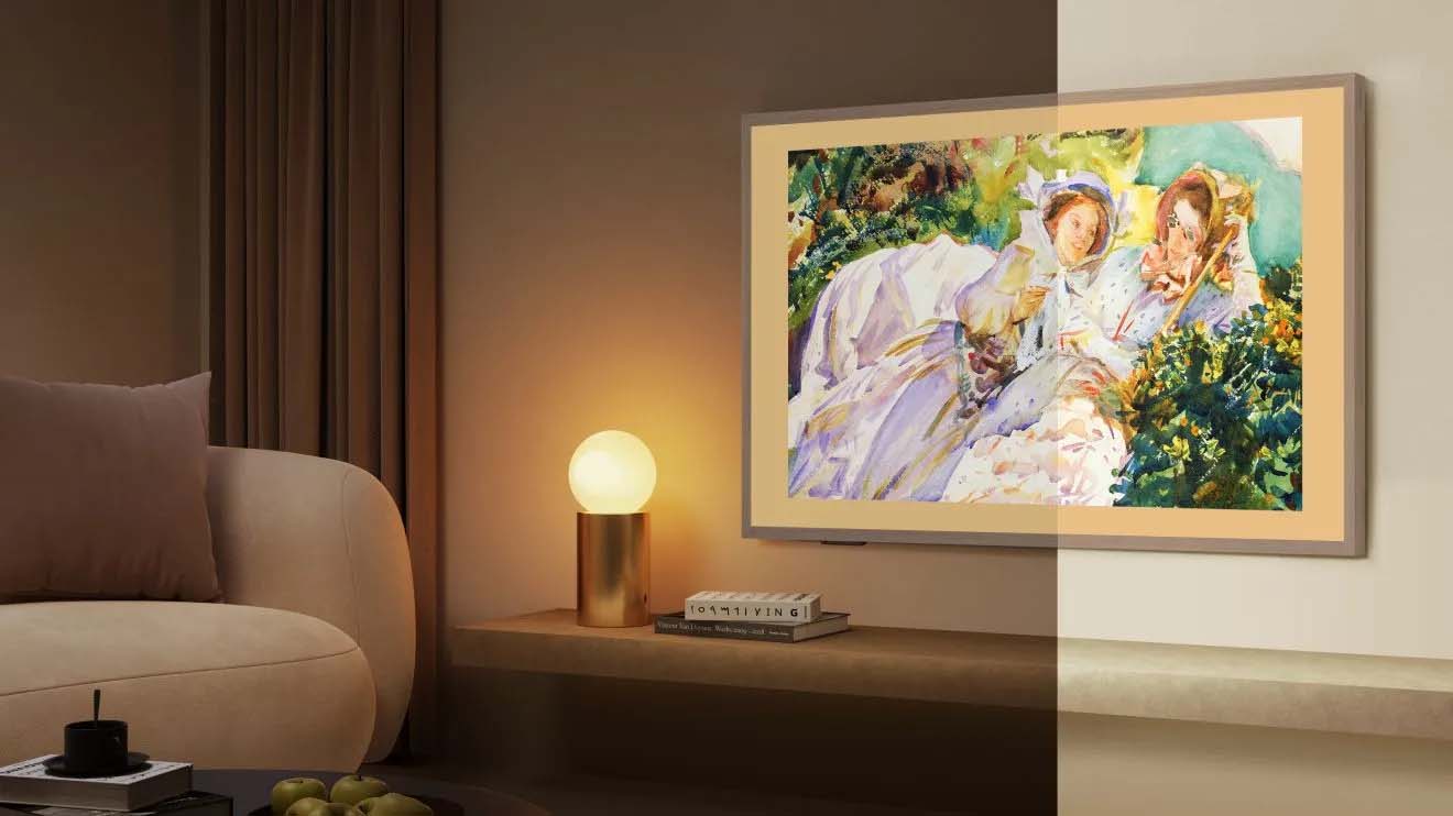 A vibrant painting of two women on a couch, surrounded by colorful flowers and butterflies in a stunning 4K frame.