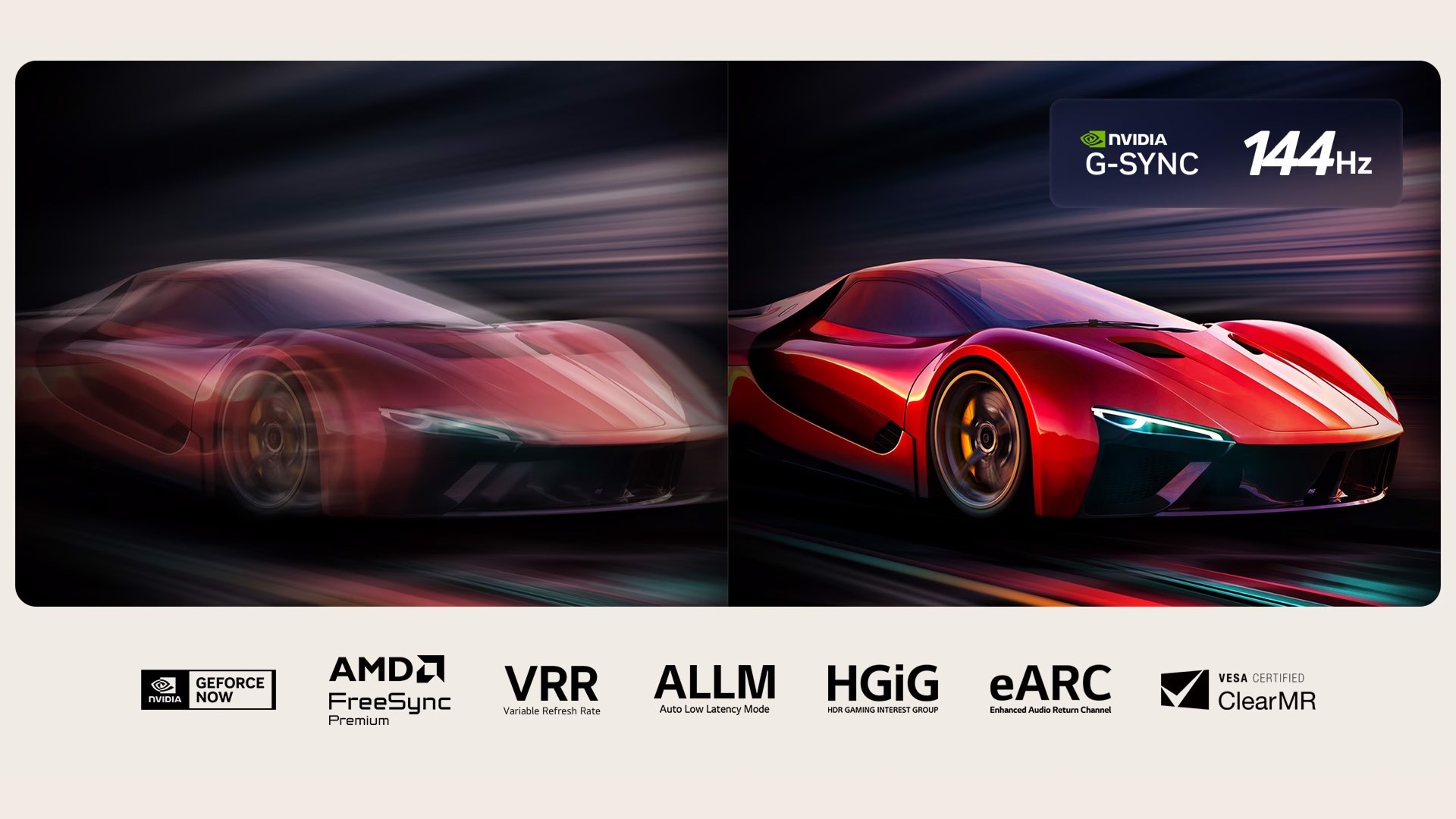 Two images of a car in a video game side-by-side. One shows a lot of motion blur. The other is sharp and in-focus showing the high frame rate of LG OLED TV. Nvidia G-Sync logo and other relevant certifications are visible. 
