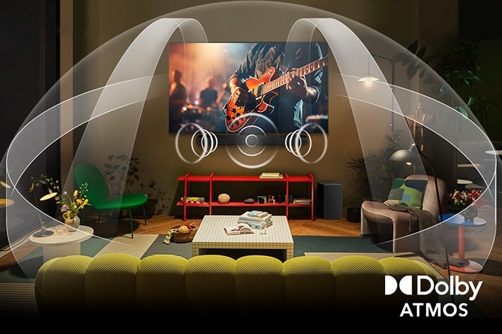 A cozy living room with an OLED LG TV and Soundbar shows a close-up of an electric guitar. Graphics demonstrate how Dolby Atmos surrounds the space with sound, with the Dolby Atmos logo in the corner.