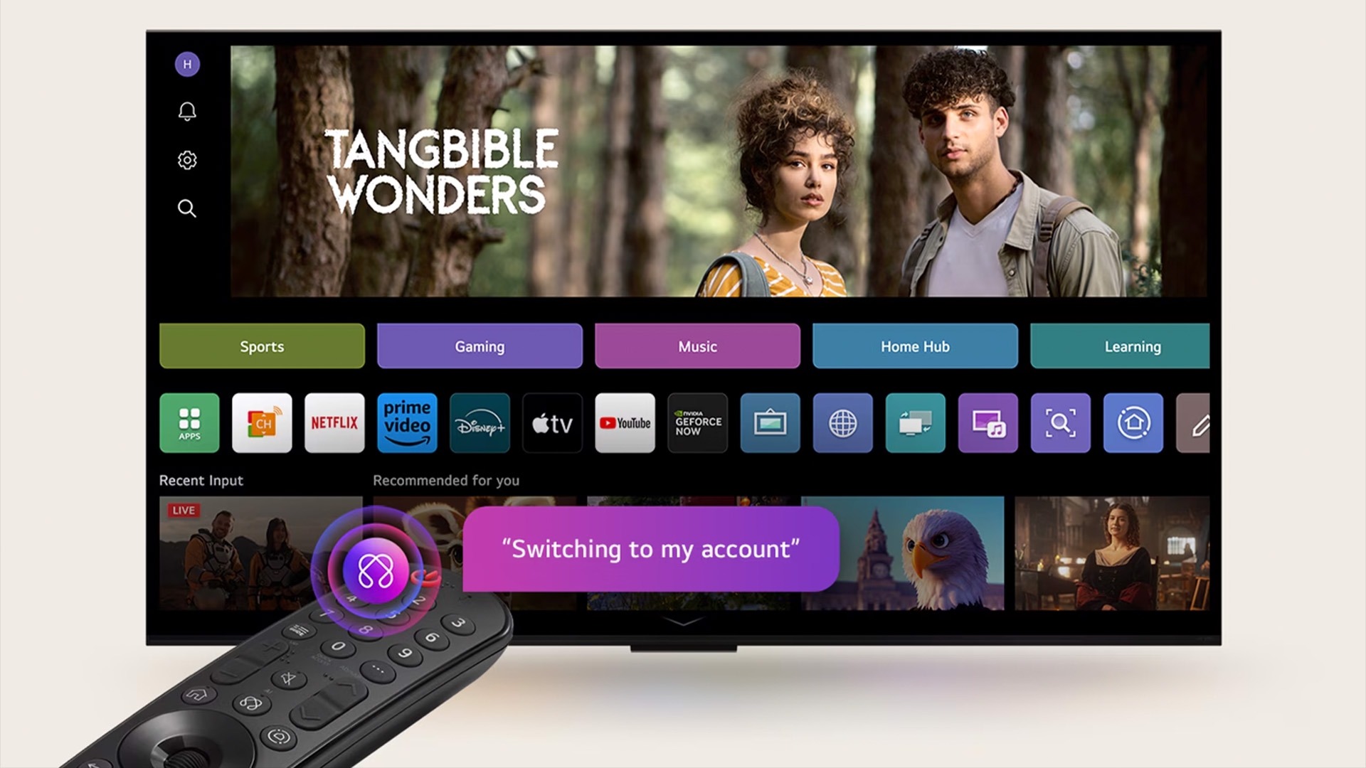 The LG OLED TV displays the webOS 25 home page filled with apps and content. Next to the TV, the LG AI Magic Remote shows the AI button highlighted, activated by voice, with a speech bubble indicating a switch to the user's account.