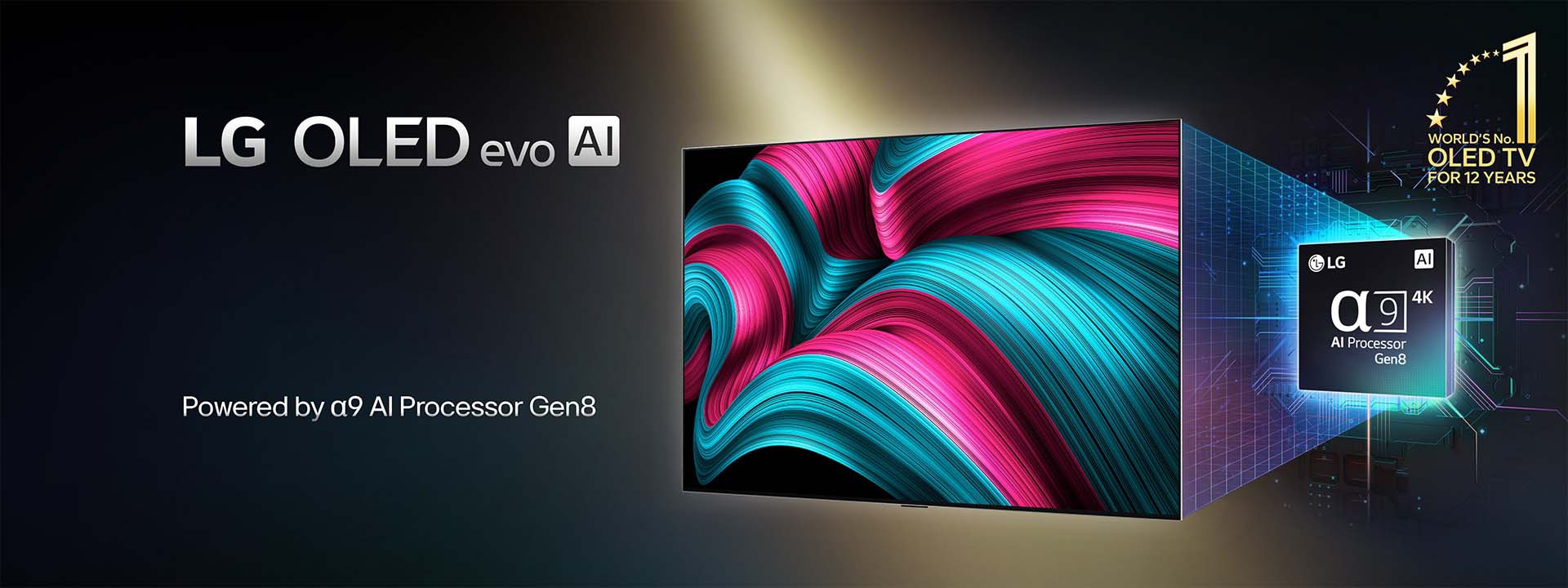 An LG OLED evo AI TV displays a vibrant abstract image. Behind it, a glowing magnified α9 AI Processor Gen8 highlights circuit details. Text reads "Powered by LG α9 AI Gen8," with a gold logo stating "World's No.1 OLED TV for 12 years."