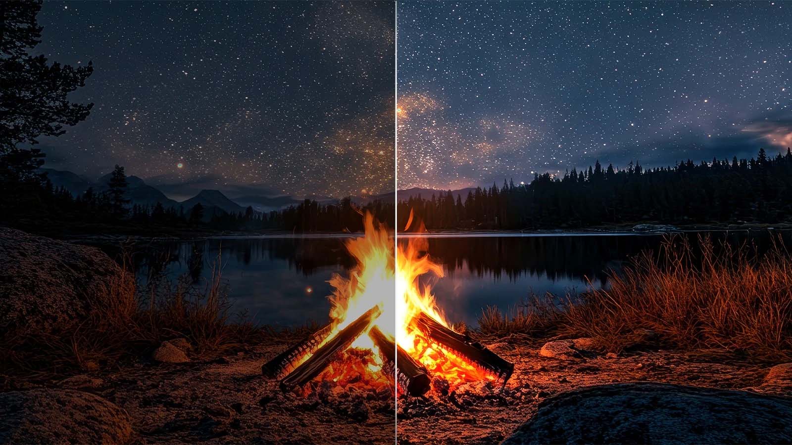 A starry night campfire scene shows a forest and lake. The image is split: one side vivid with Brightness Booster, the other darker and muted.