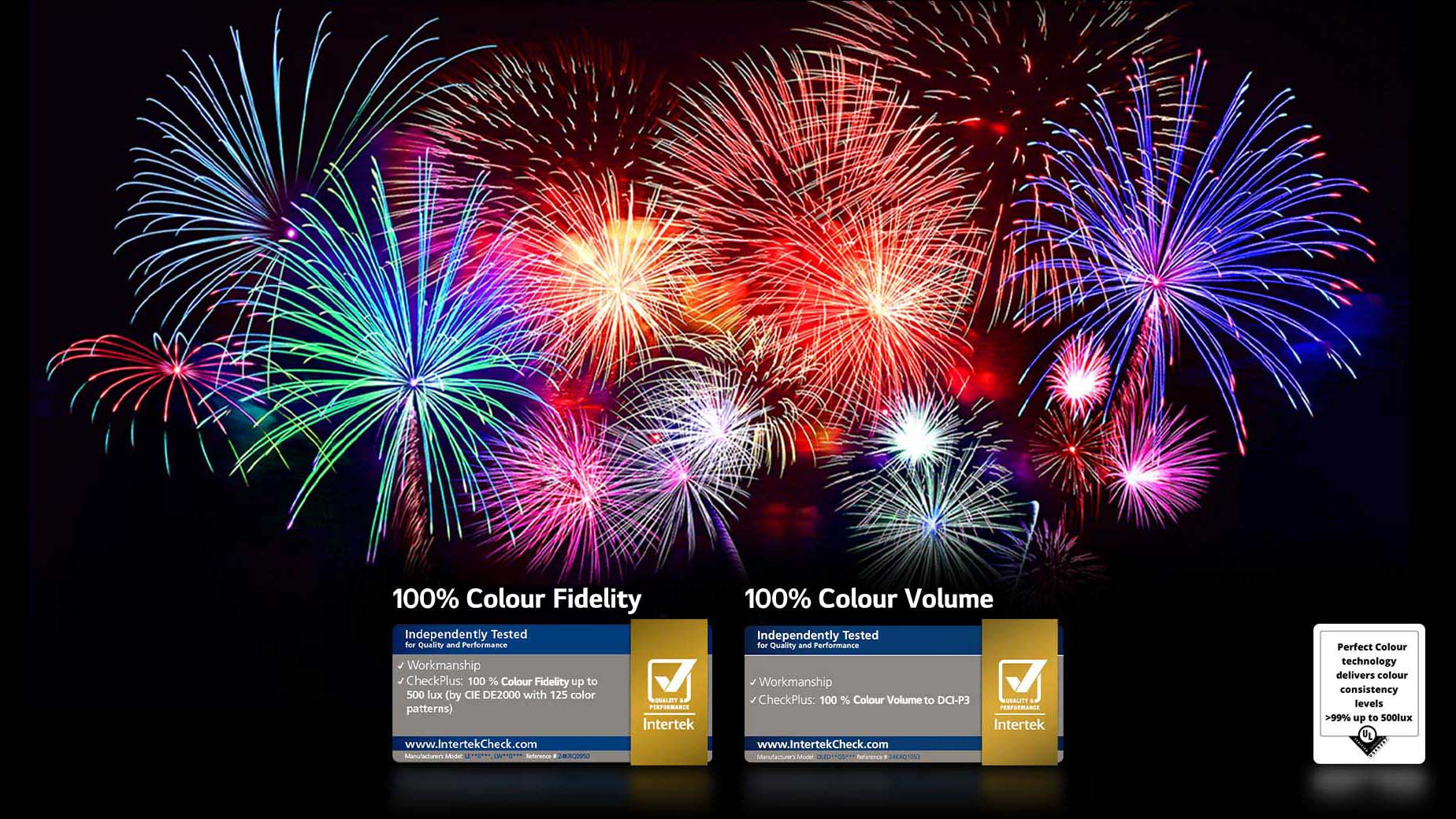 Vibrant fireworks fill the TV screen. Logos show Intertek-certified Perfect Colour Technology with over 99% colour consistency up to 500 lux.