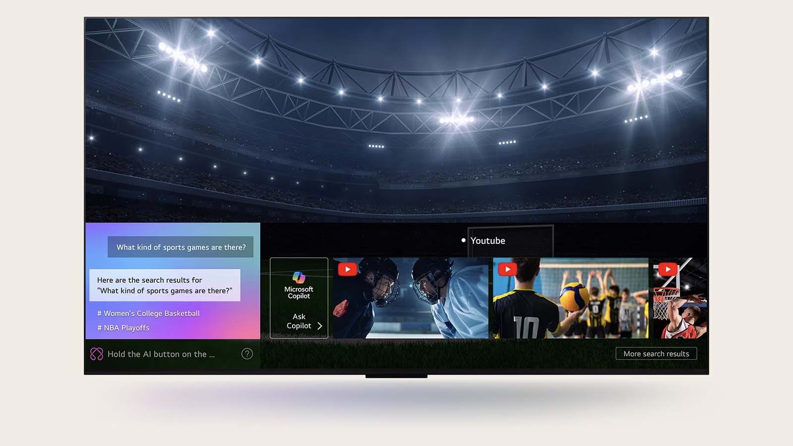LG OLED TV shows AI Search in action with a sports query, chat response, content thumbnails, and a prompt to ask Microsoft Copilot.