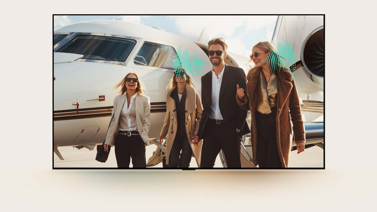A group walks on an airport runway with a running plane behind them. Abstract sound waves show how AI Voice Remastering makes voices clear despite loud noise.