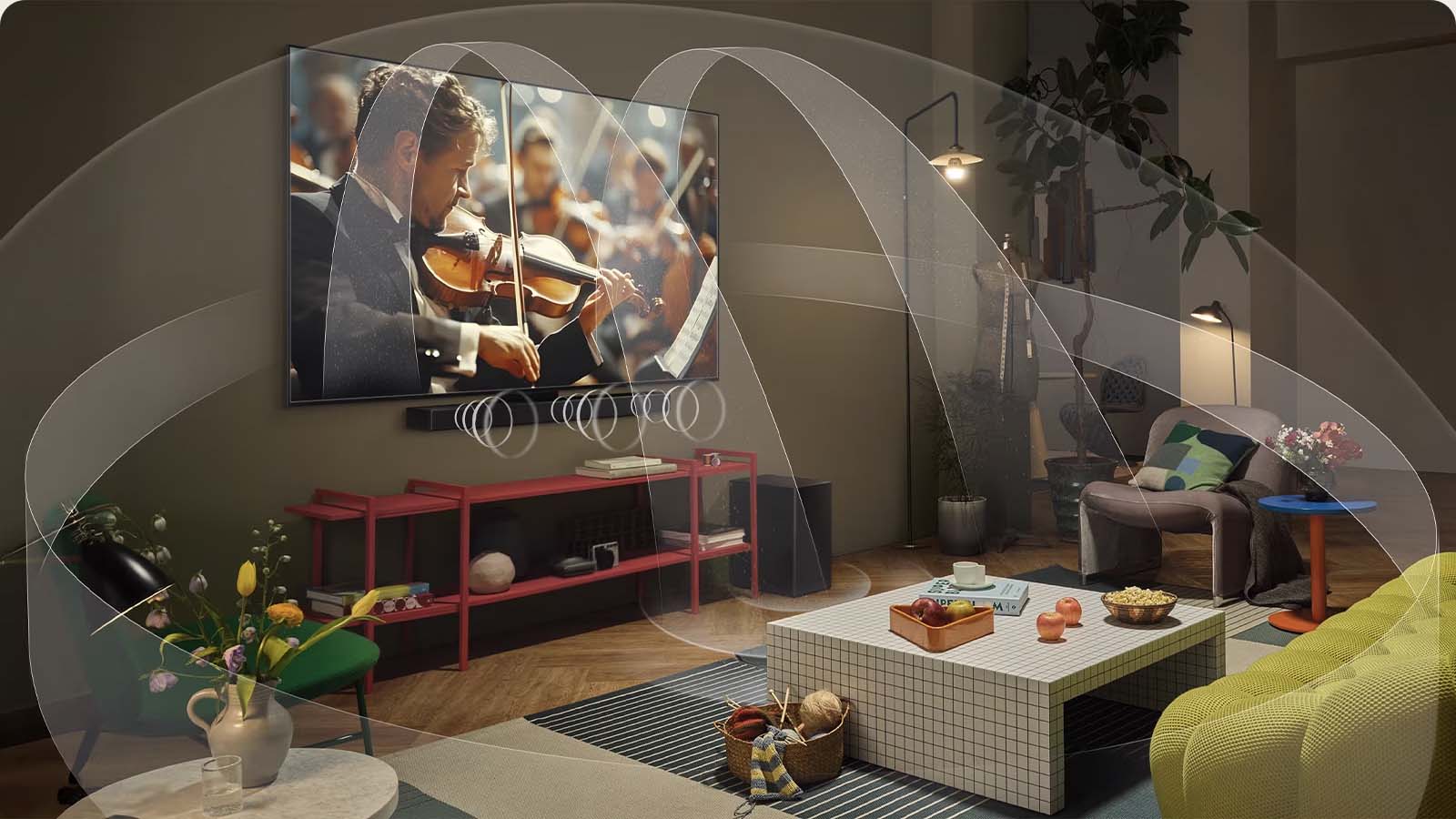 Living room with an LG OLED TV and LG Soundbar with graphics representing how both devices fill the space with multi-surround sound.