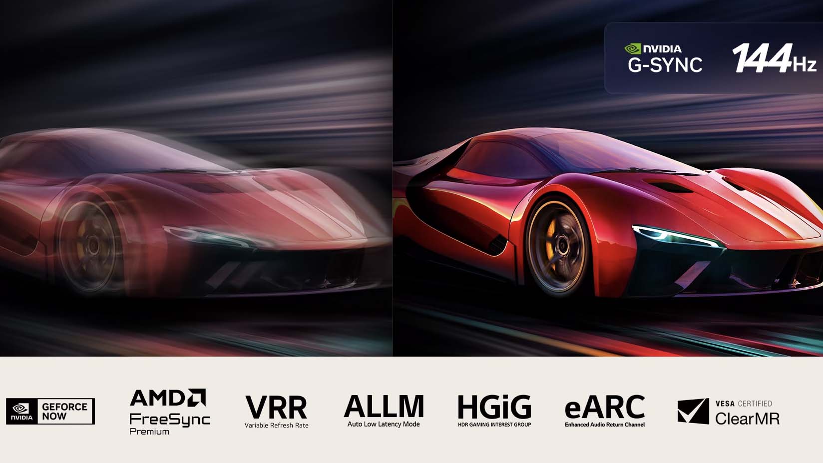 Two images of a car in a video game side-by-side. One shows a lot of motion blur. The other is sharp and in-focus showing the high frame rate of LG OLED TV. Nvidia G-Sync logo and other relevant certifications are visible. 