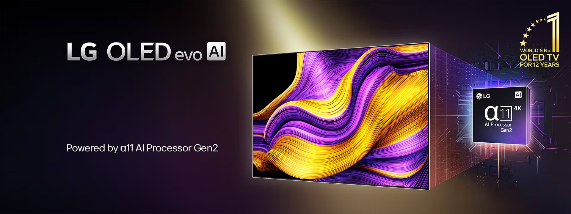 An LG OLED evo AI TV displays a vivid abstract image. Behind it, a glowing alpha 9 AI Gen8 processor highlights detailed circuits. Text reads "LG OLED evo AI" and "Powered by LG alpha 9 AI Gen8 processor." A gold logo marks 12 years as #1 OLED TV.