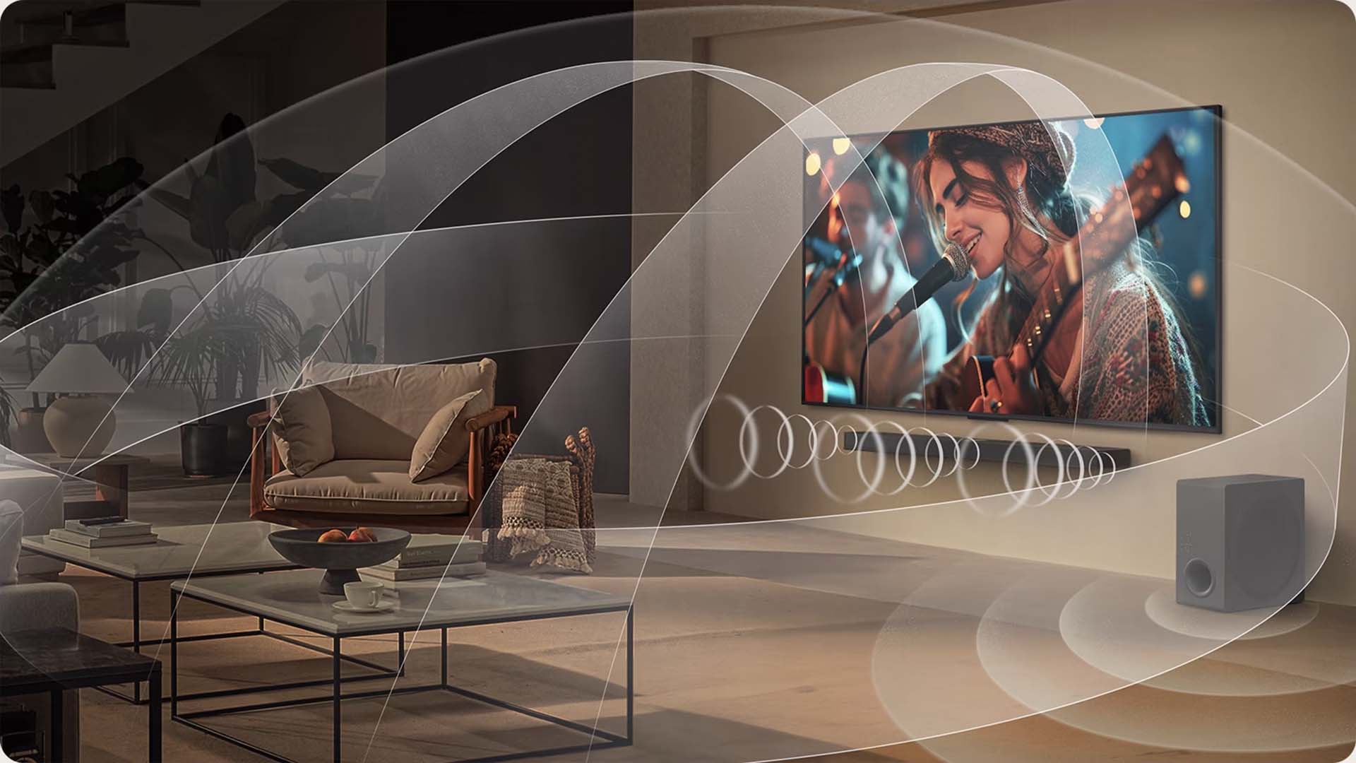 A modern living room with a large TV displaying a musician singing and playing guitar. Sound waves emanate from the screen, illustrating audio quality.