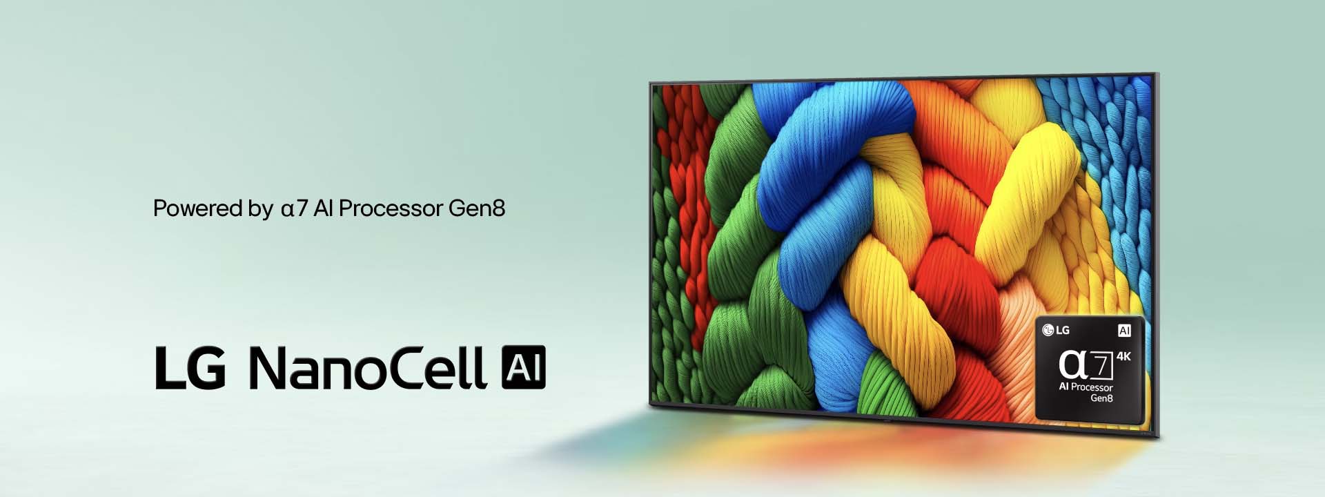 LG NanoCell AI TV with vibrant, braided coloured design on screen, showcasing red, blue, yellow, and green strands. Text: "Powered by α7 AI Processor Gen8."
