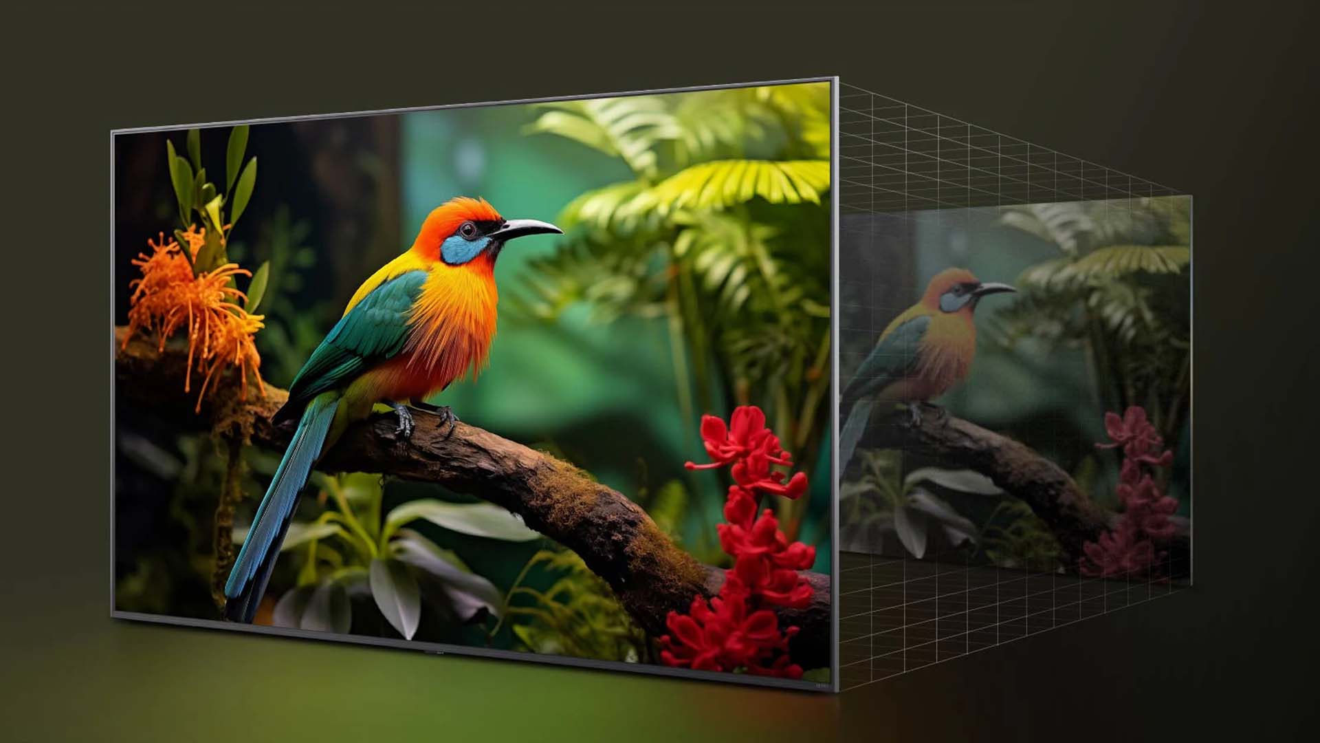 A vibrant bird with orange and green feathers sits on a branch amidst lush, tropical foliage and red flowers, creating a vivid and lively scene.
