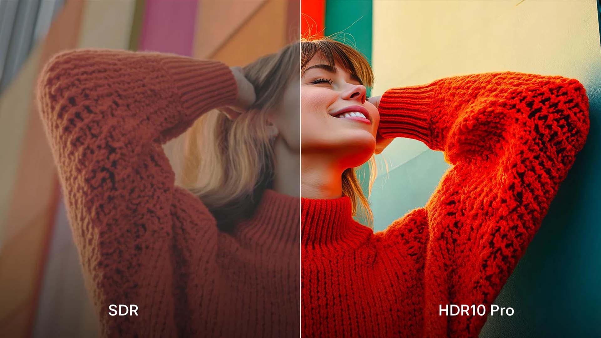 Split image showing a woman in a red sweater. Left side, labelled SDR, is dull; right side, labelled HDR10 Pro, is vibrant, bright, and cheerful.