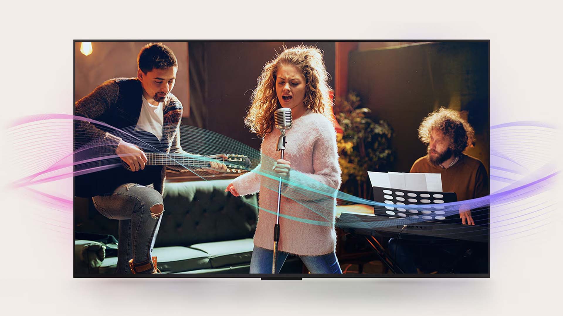 A young woman passionately sings into a microphone, accompanied by a man playing guitar and another on keyboard. Vibrant waves symbolize music.