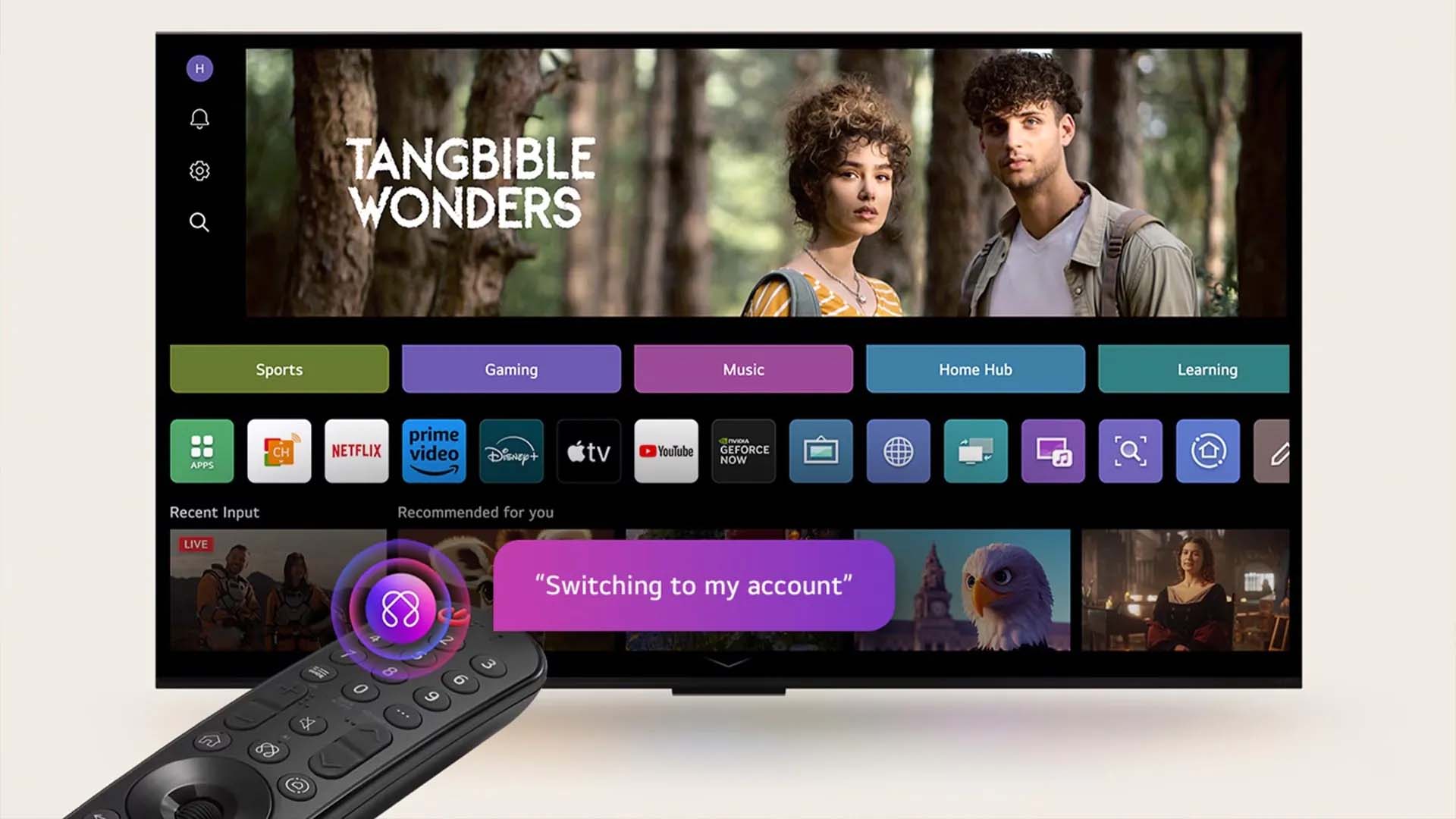 Smart TV interface with movie scene and menu options for Sports, Gaming, and more. Remote control in foreground with "Switching to my account" text.