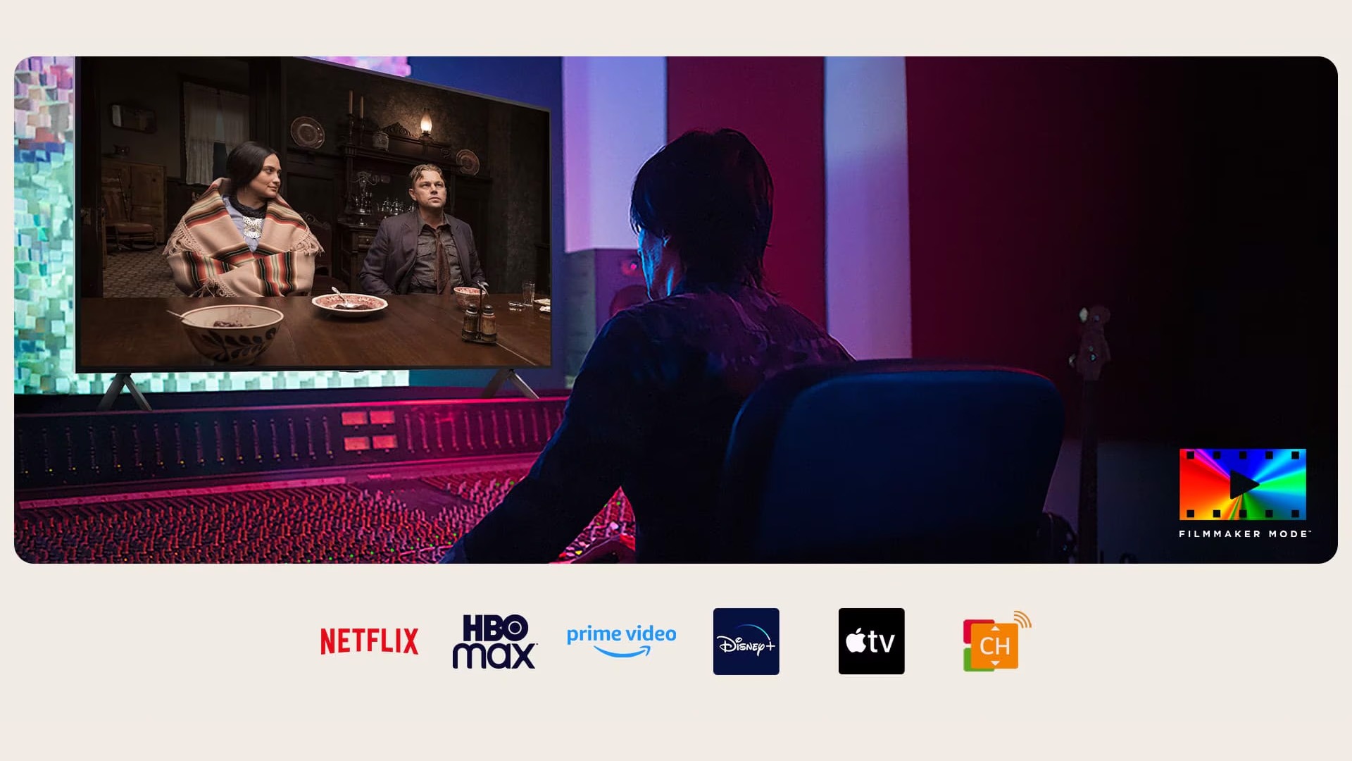A director edits "Killers of the Flower Moon" on an LG QNED TV. The Dolby Vision and FILMMAKER MODE logos appear in the bottom left, with Netflix, HBOmax, Prime Video, Disney Plus, Apple TV, and LG Channels logos below.