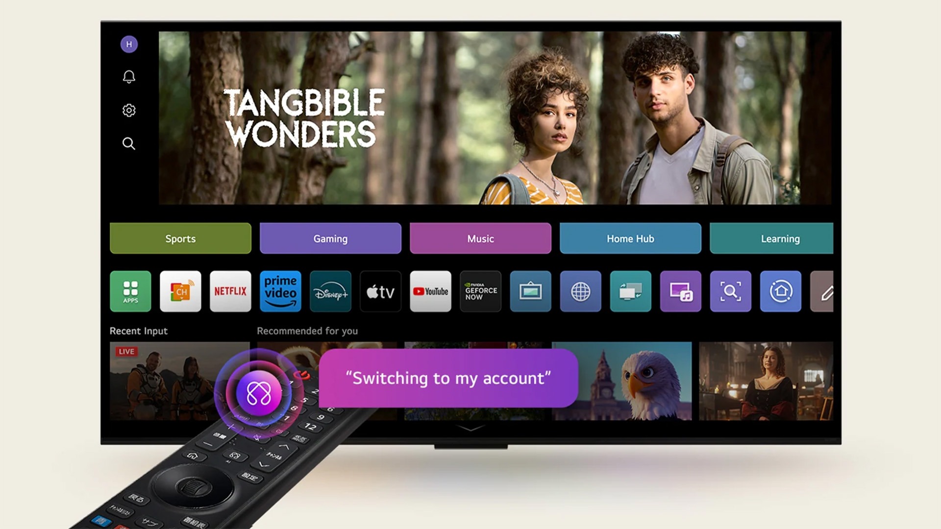 On an LG QNED TV screen is the webOS 25 home page filled with apps and entertainment content. By the TV is the LG AI Magic Remote, the AI button is highlighted as if activated by the user's voice. A speech bubble is beside it, switching to my account. 