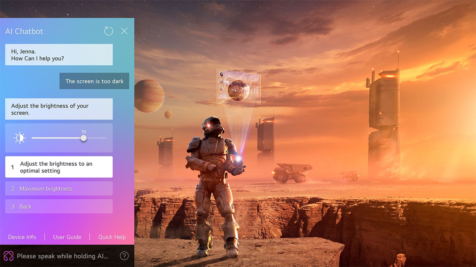 Sci-fi content is playing on an LG QNED TV screen. On the left side of the screen is the AI Chatbot interface. The user messages the chatbot that the screen is too dark and the chatbot offers solutions to the request. 