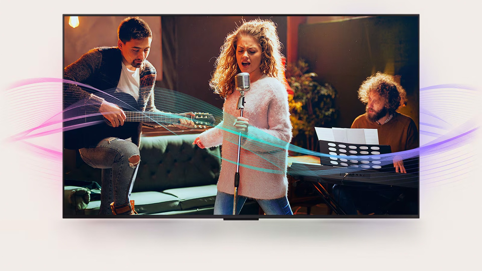 A man playing guitar, a woman singing into a mic, and a man playing the piano are pictured. Soundwaves which are coming from them are seen to show sound emission and how sound quality is enhanced with Al Clear Sound. 
