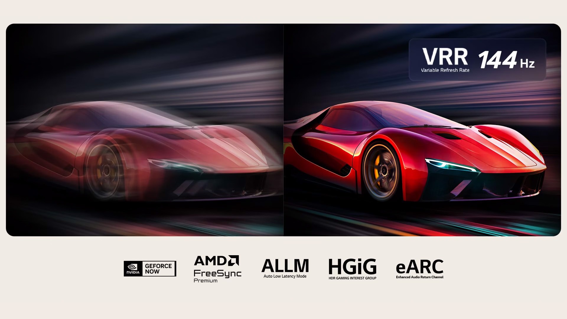 Two images of a car in a video game side-by-side. One shows a lot of motion blur. The other is sharp and in-focus showing the high frame rate of LG QNED TV. VRR logo and a 144Hz logo are on the upper right corner.