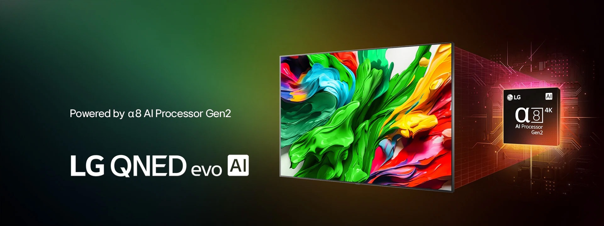 The LG QNED TV shows vibrant red, yellow, green, blue, and purple textures, with the glowing Alpha 8 4K AI Processor in orange and pink behind it. The LG QNED evo AI logo and text highlight the AI processor at the bottom left.