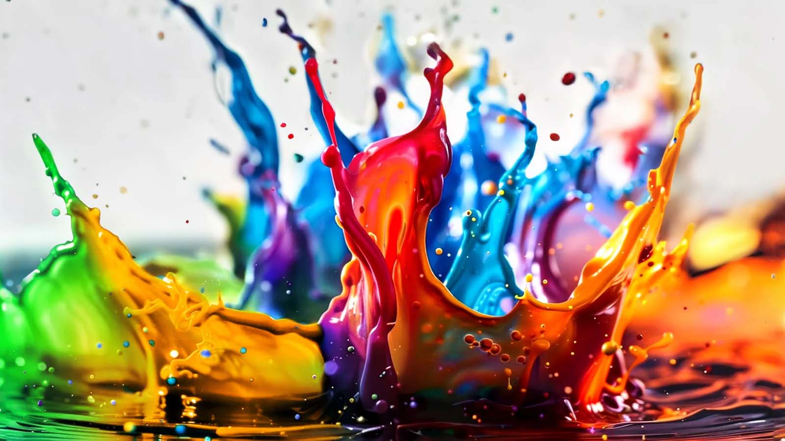 Splashes of paint burst from the floor up in diverse colours.