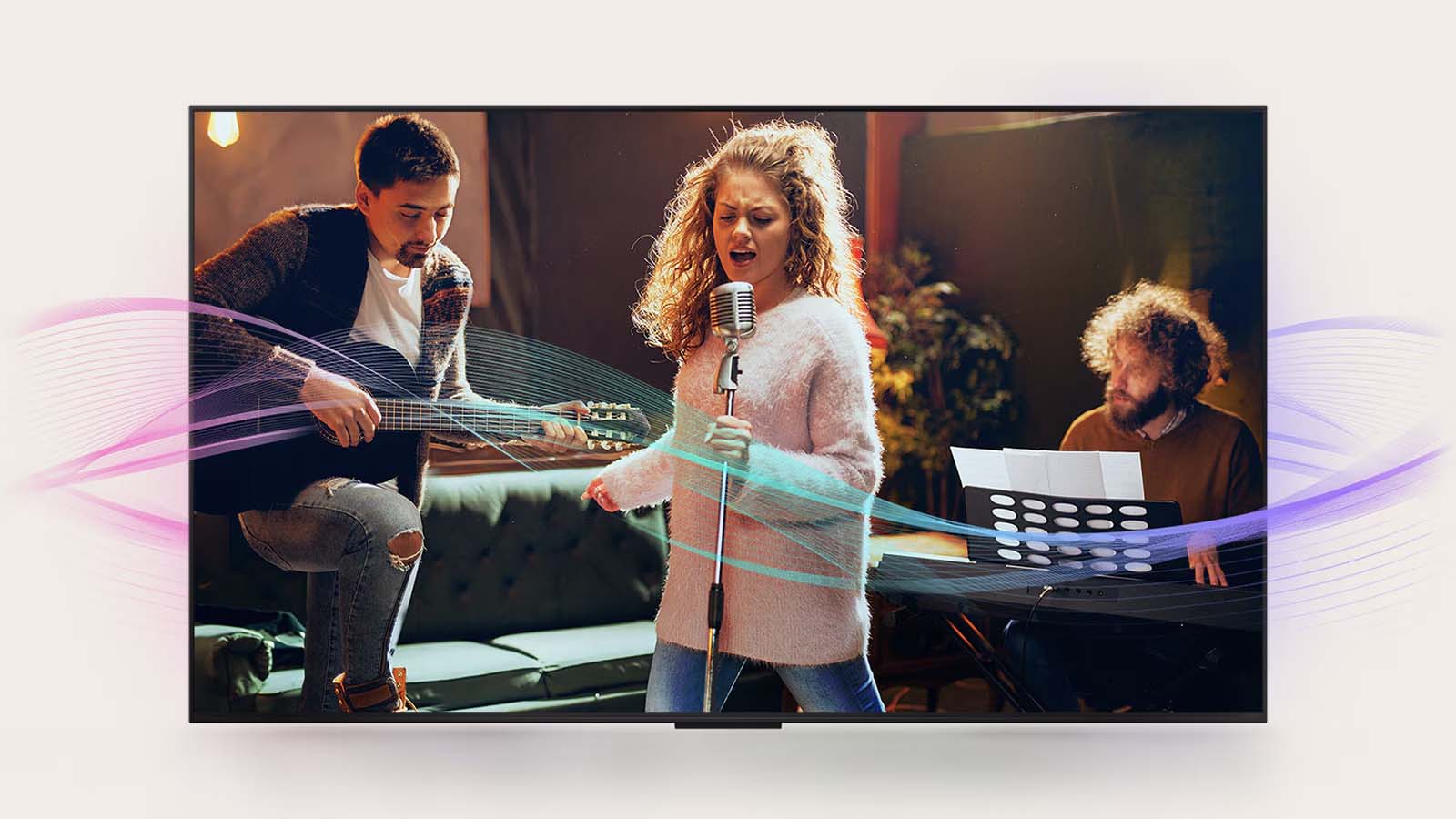 A man playing guitar, a woman singing into a mic, and a man playing the piano are pictured. Soundwaves which are coming from them are seen to show sound emission and how sound quality is enhanced with Al Clear Sound.