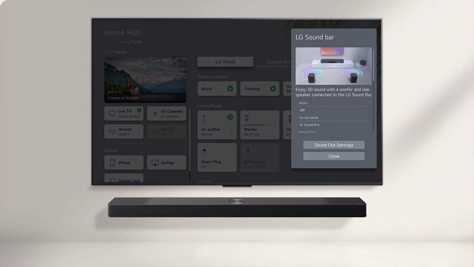 LG Soundbar is below an LG QNED TV. On the TV screen is the UI for the soundbar and TV volume controls. 