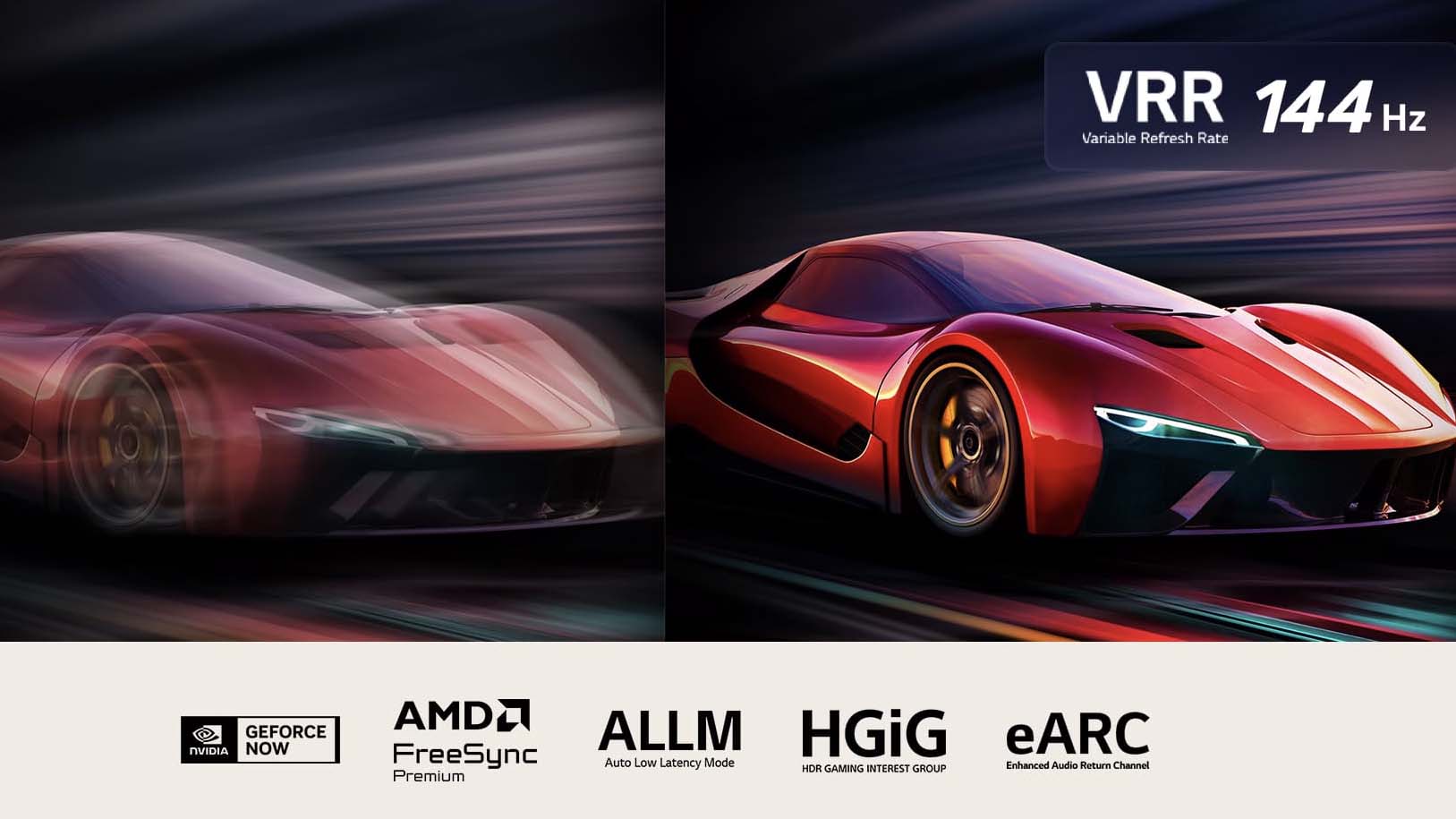 Two images of a car in a video game side-by-side. One shows a lot of motion blur. The other is sharp and in-focus showing the high frame rate of LG QNED TV. VRR logo and a 144Hz logo are on the upper right corner.