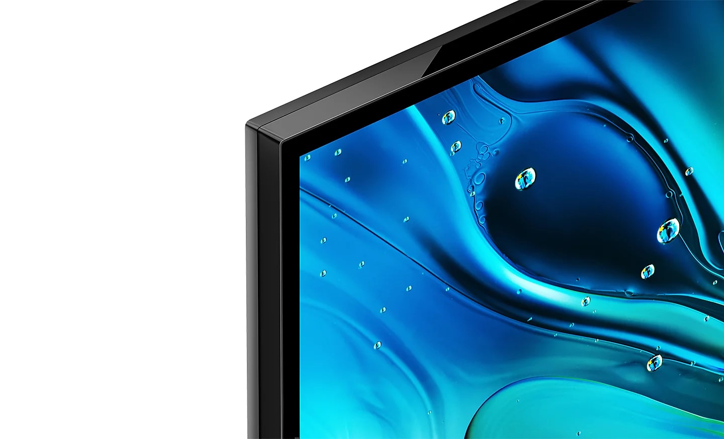 Detail of top left corner of TV with screenshot of blue and green water droplets.