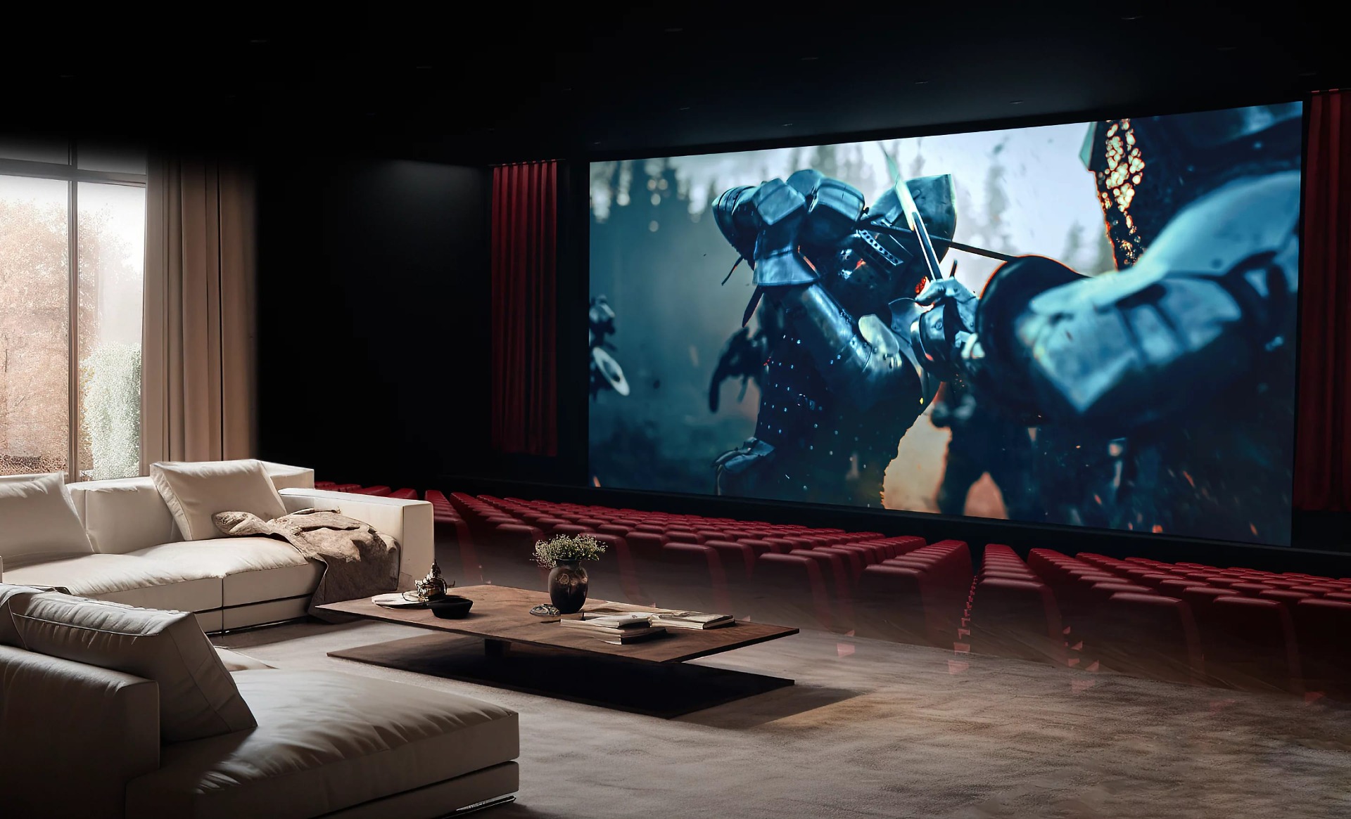 Living room merging with a theatre, showing a knight battle scene.