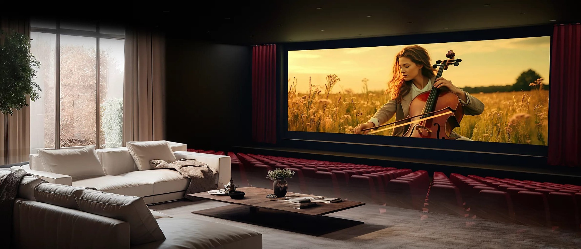 Cinema screen displaying a woman playing a cello in a scenic field, with theatre seats in the foreground.