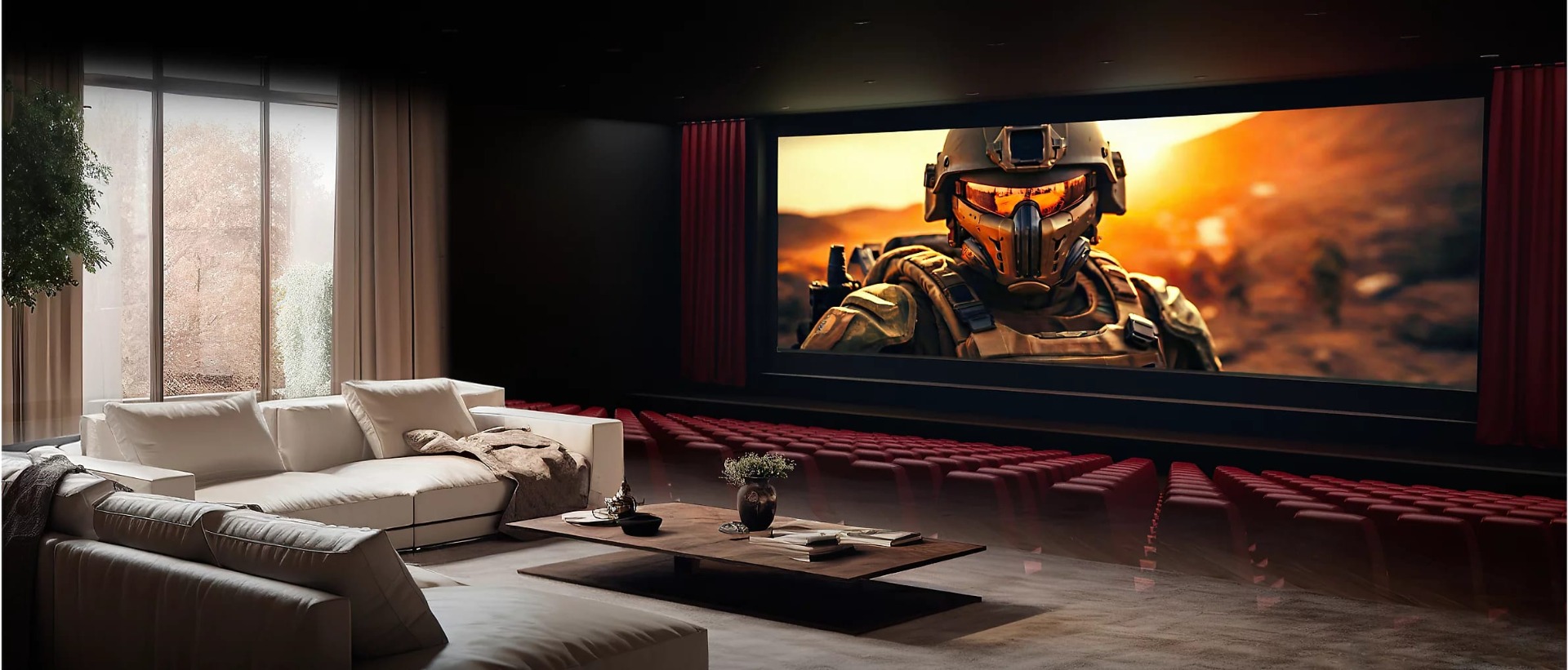 Living room merging with a theatre, showing a soldier in a futuristic helmet, bathed in warm light from a desert-like scene.