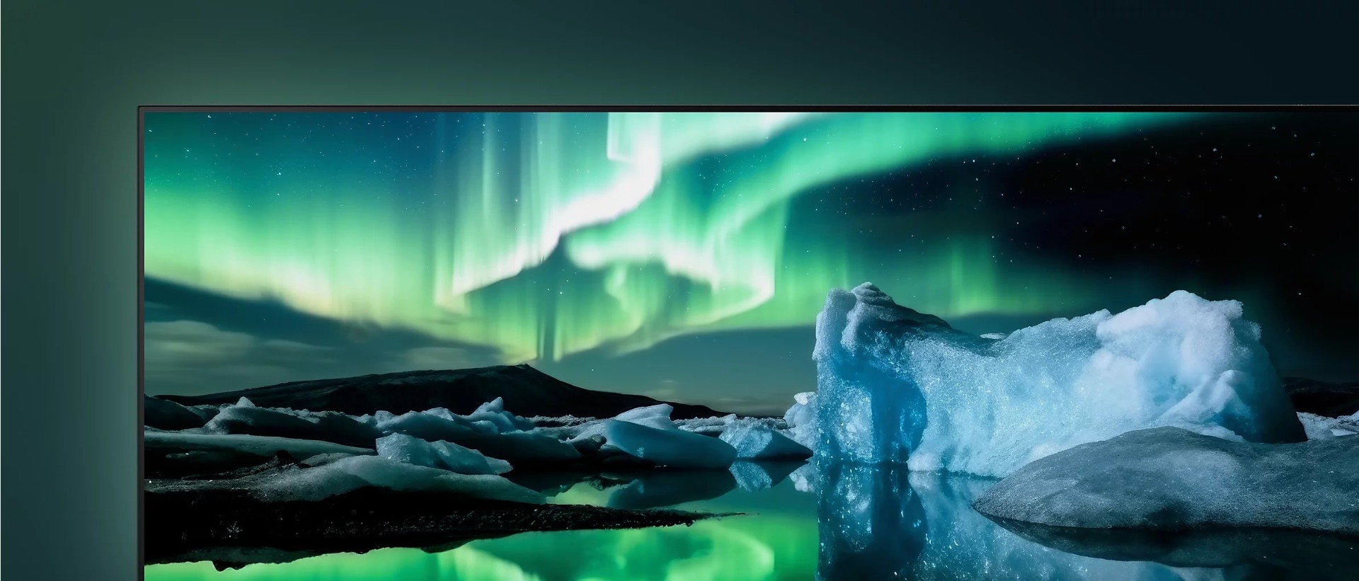Detail of top left corner of TV showing screenshot of iceberg and Northern Lights.
