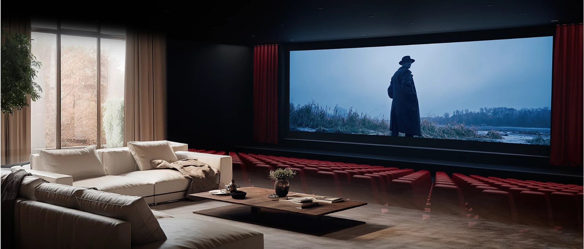 Living room blending with a theatre, displaying a film scene of a silhouetted person on a large screen.