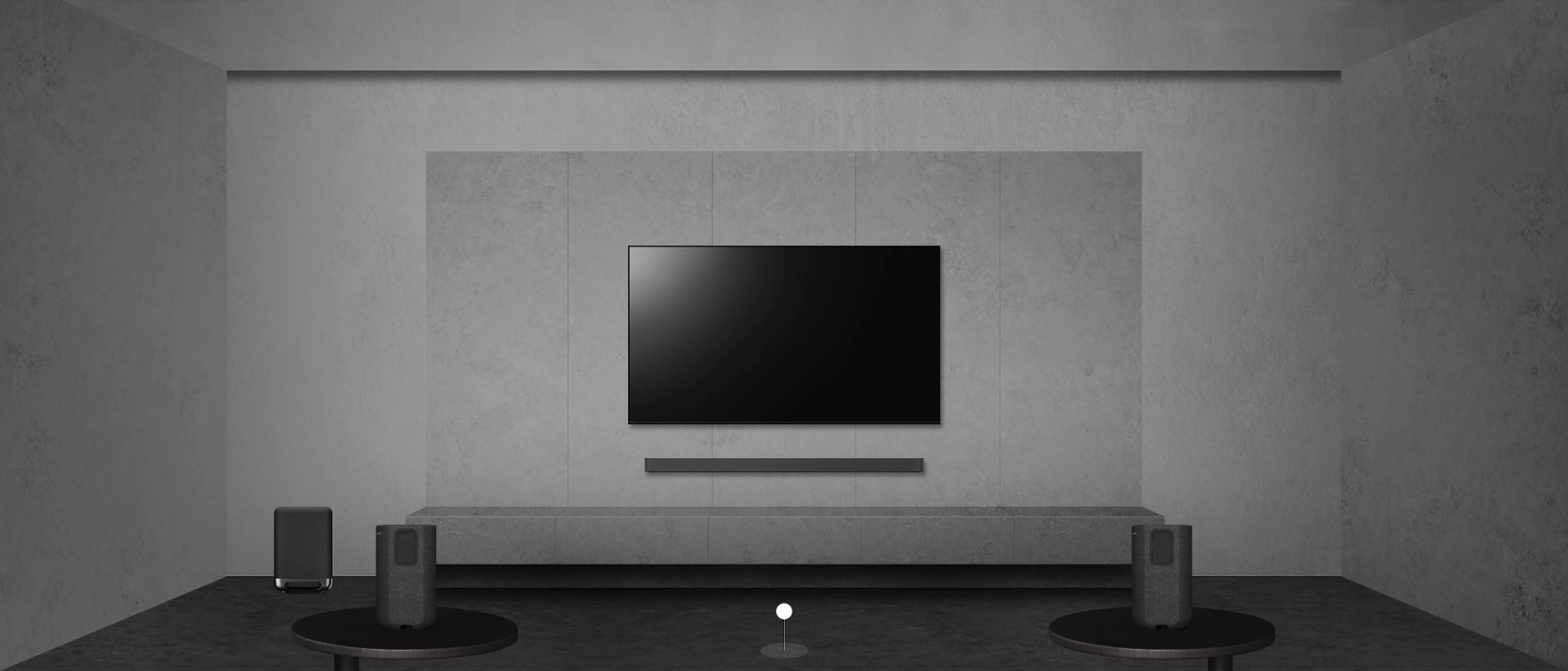 Image of a room showing TV and Soundbar on the wall, and a Subwoofer and Rear Speakers on the floor.