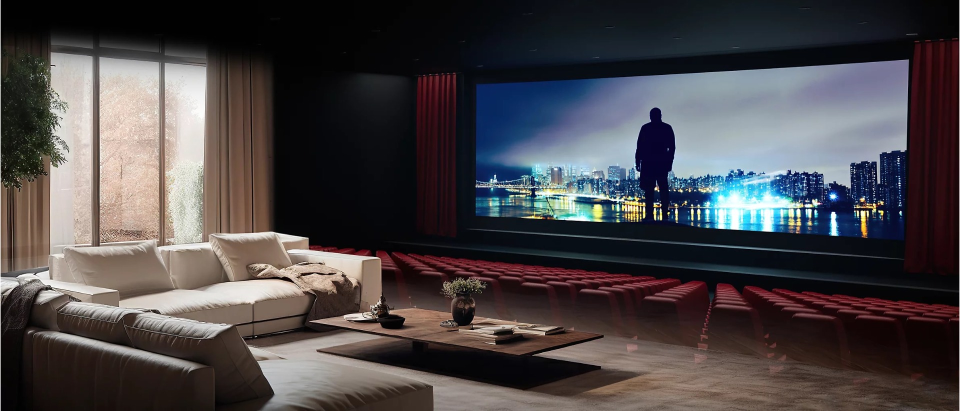 Dark home cinema setup with a huge screen displaying nighttime city skyline.