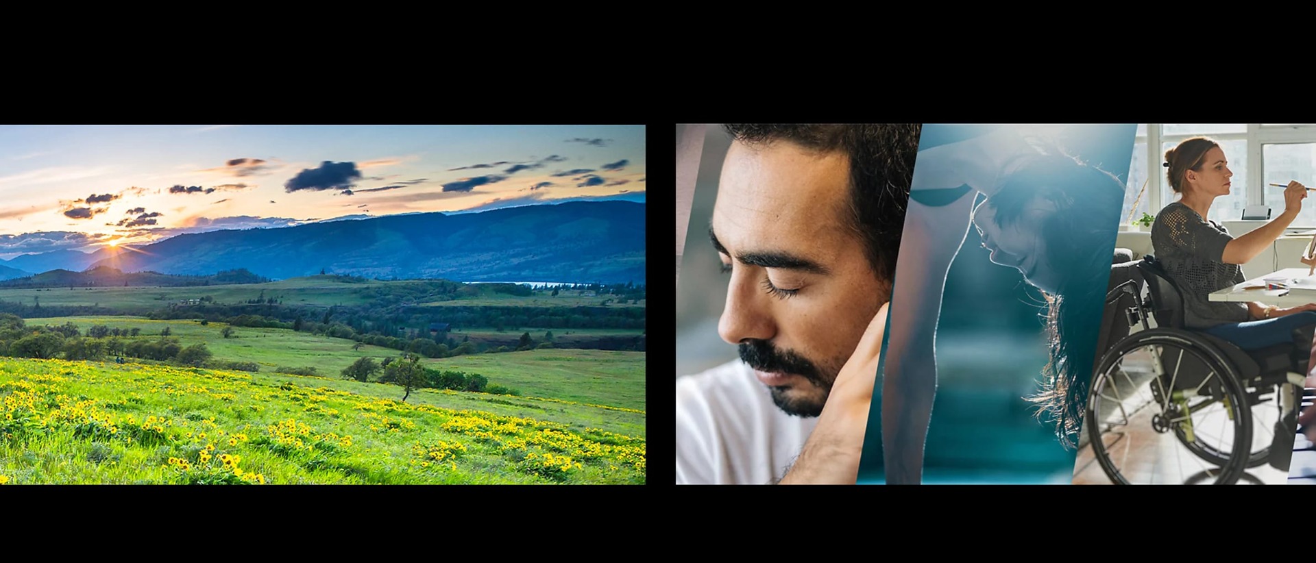A scenic landscape and a collage of diverse people symbolising BRAVIA's focus on environmental sustainability and accessibility for all.