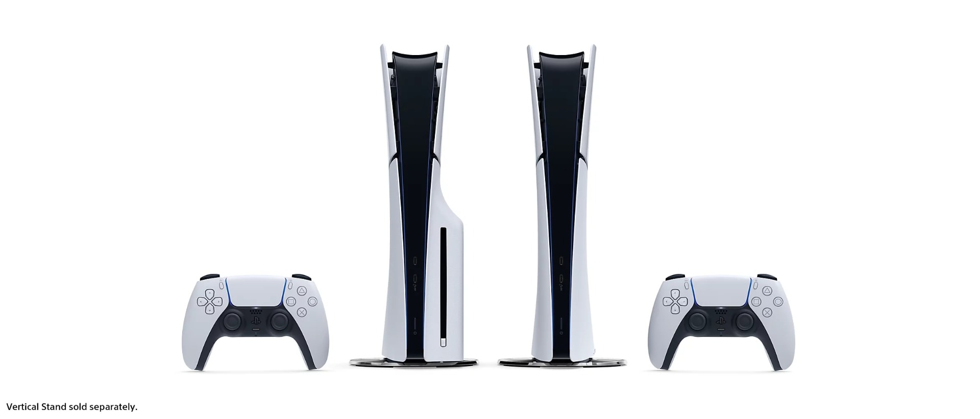 Front view of two PlayStation® 5 consoles with controllers to each side, with a note stating, 'Vertical stand sold separately.'