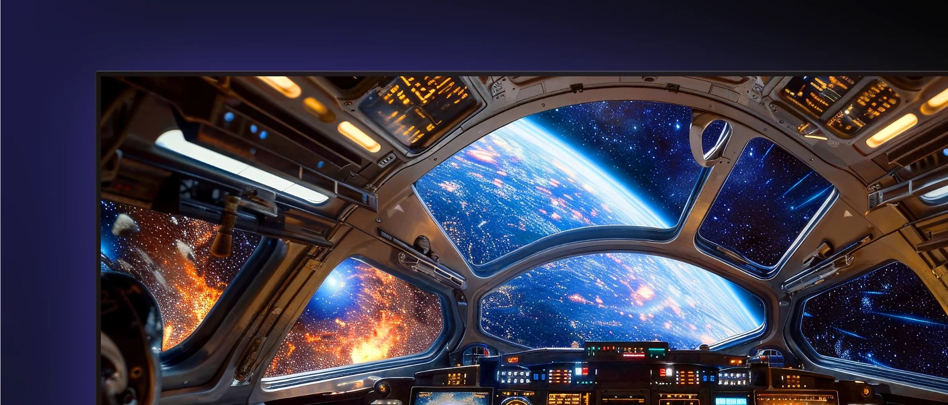 Television screen displaying a vibrant spaceship cockpit scene in space.