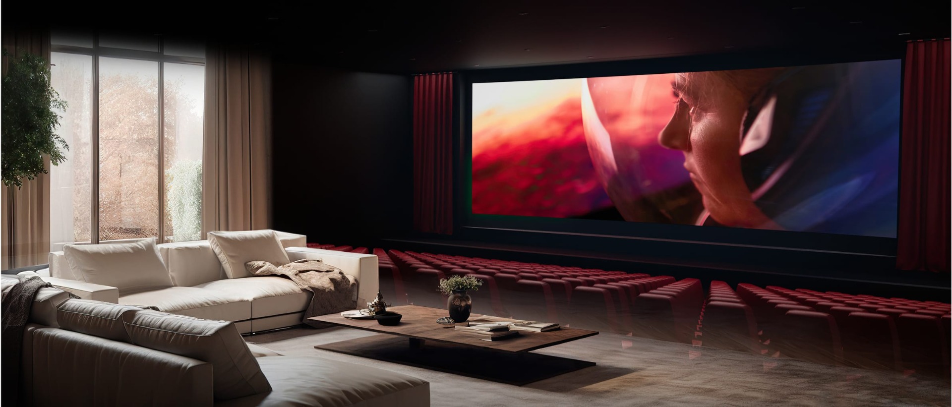 Living room blending with a theatre, showing a close-up of an astronaut on a large screen.