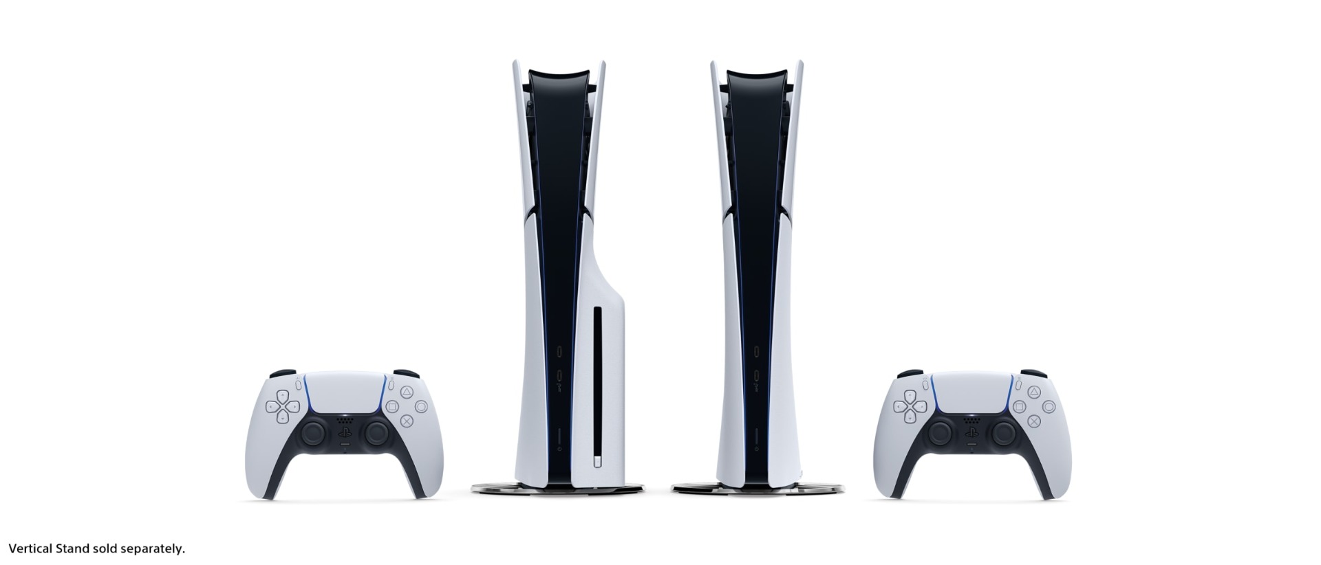 Front view of two PlayStation® 5 consoles with controllers to each side, with a note stating, 'Vertical stand sold separately.'