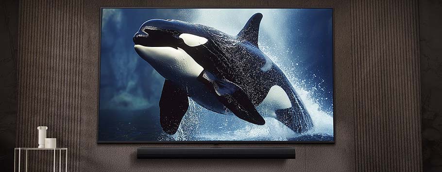 A modern TV on a textured wall shows a vivid image of an orca whale leaping from the ocean, creating a dynamic, vibrant, and immersive scene.