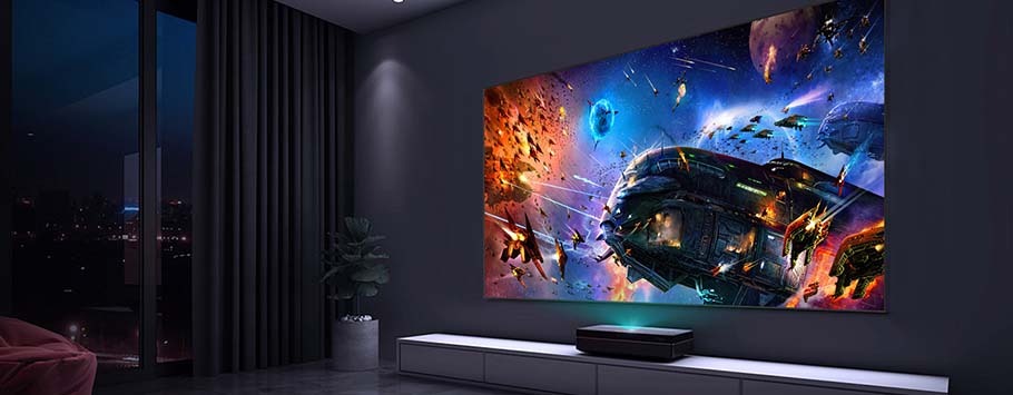 Spacious living room with a large sci-fi artwork on the wall depicting a vivid space battle. Dark tones, futuristic ambiance, and cityscape view.