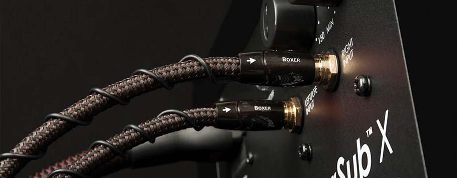 Close-up of two braided audio cables connected to a black electronic device labelled "SuperSub X," showing inputs marked "Left" and "Right."