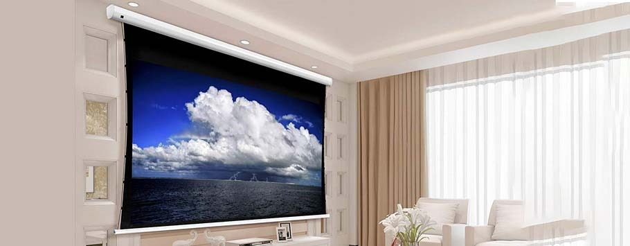 Living room with light walls and curtains, featuring a large projector screen displaying a vivid image of blue skies and white clouds over the ocean.